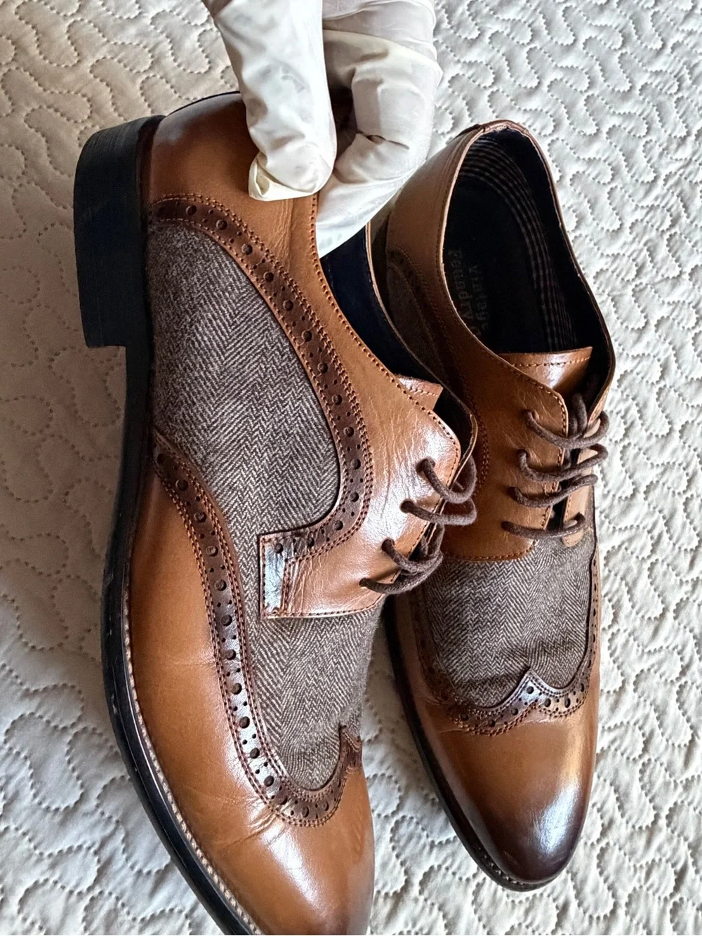 Vintage Foundry Co Brown Leather & Herringbone Fabric Wingtip Oxford Size 10.5